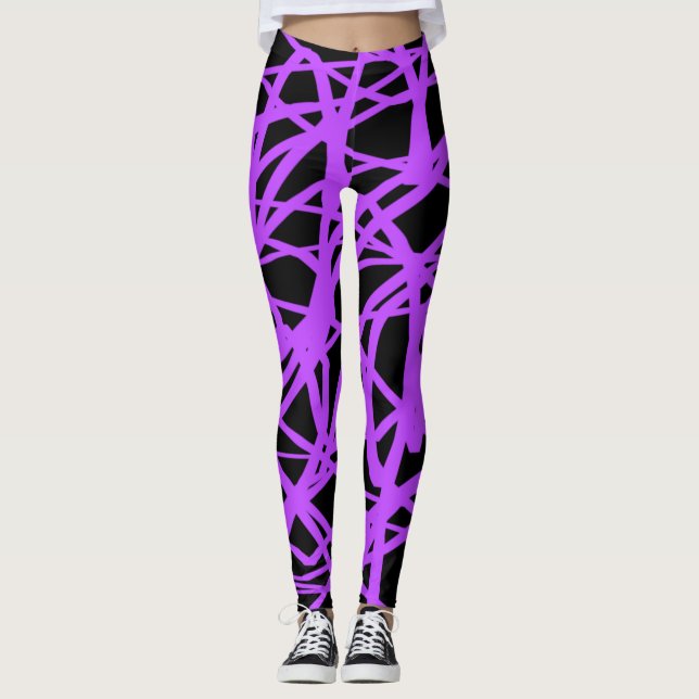 Leggings de Yoga listradas a preto e violeta (Frente)