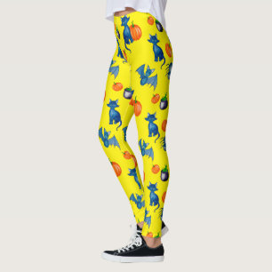 Leggings do Dia das Bruxas Amarelas - Gato Preto e