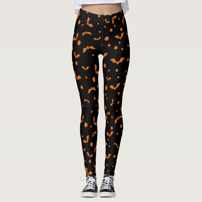 Leggings do Dia das Bruxas Negras com Morcegos Lar (Frente)