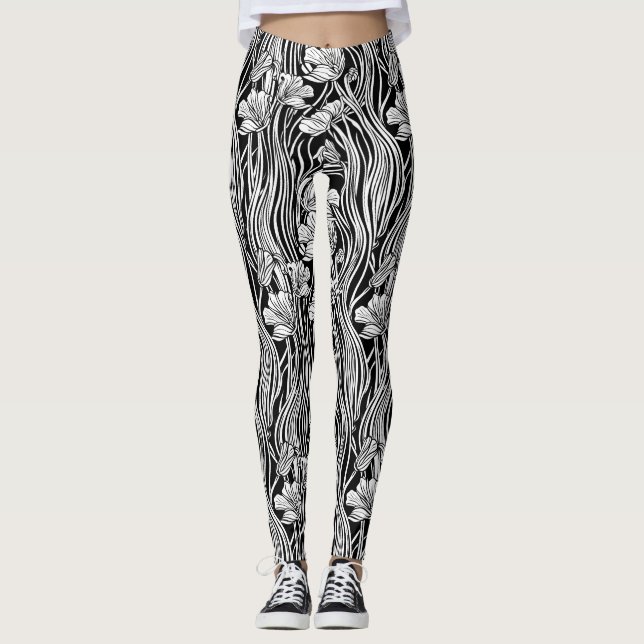 Leggings do Nouveau Designer de Arte Negra Moderna (Frente)