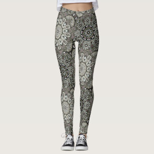 Leggings do Padrão Mandala Preto da Cinza Boho