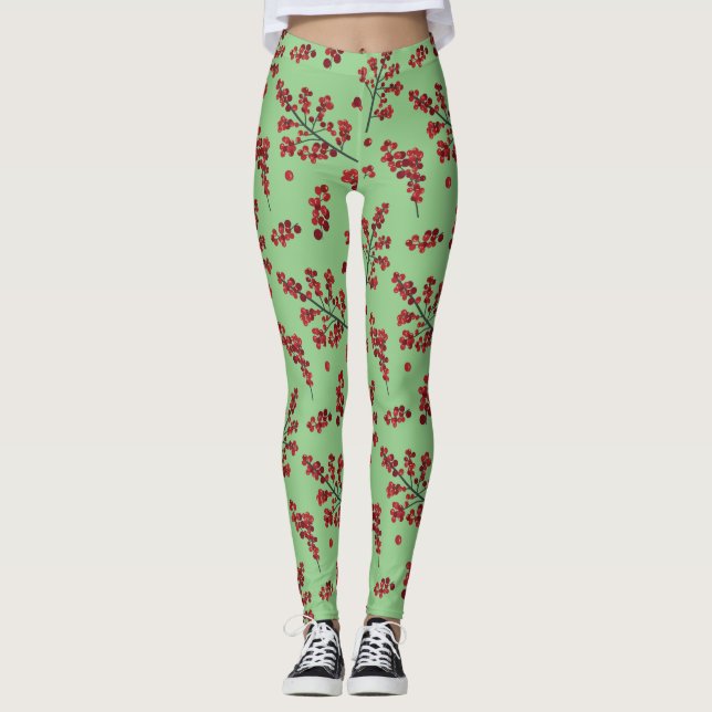 Leggings do Red Holly Berries ilustradas (Frente)