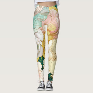 Leggings Douradas da Turquesa Floral Japonesa