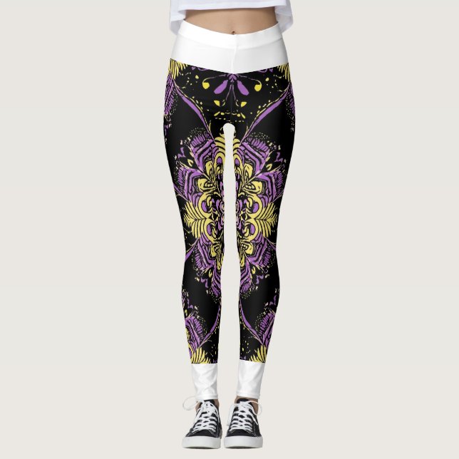 Leggings Douradas de Mandala, roxas e entrelaçadas (Frente)