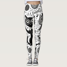 Leggings engraçadas com padrão de gato preto e bra