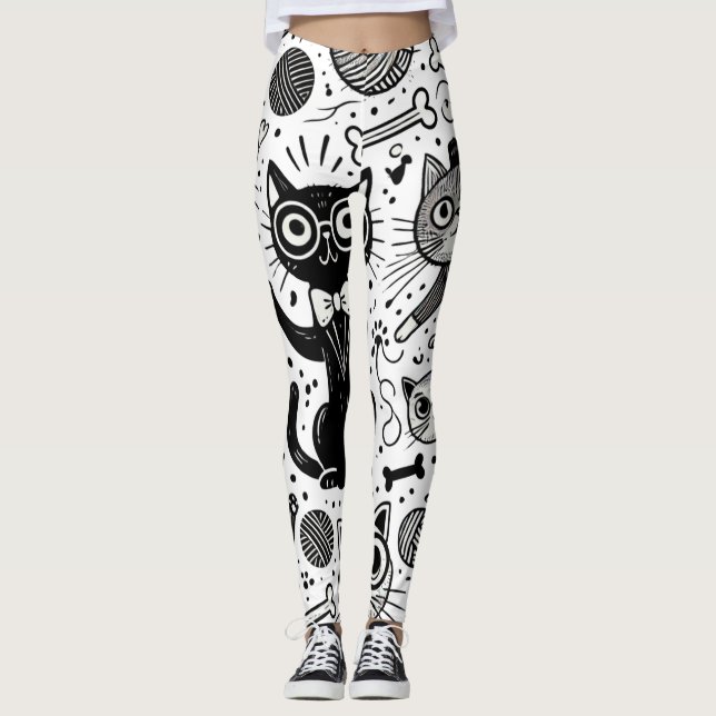 Leggings engraçadas com padrão de gato preto e bra (Frente)