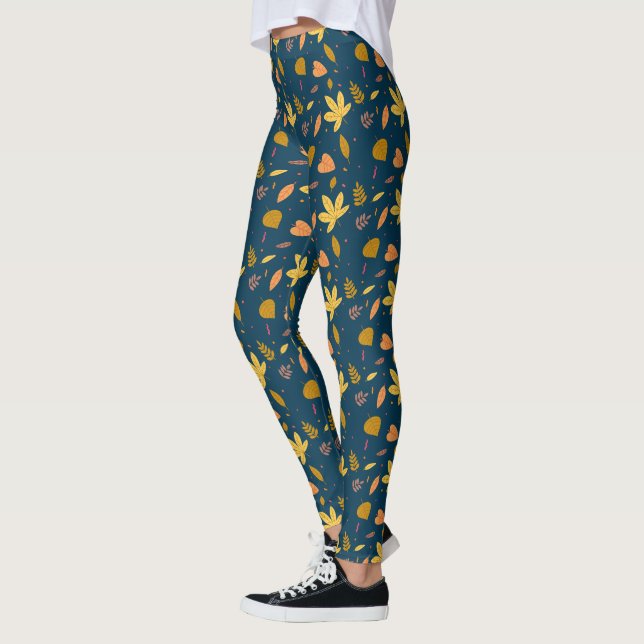 Leggings Estampa de Folha Azul de Outono | Estilo  (Esquerda)