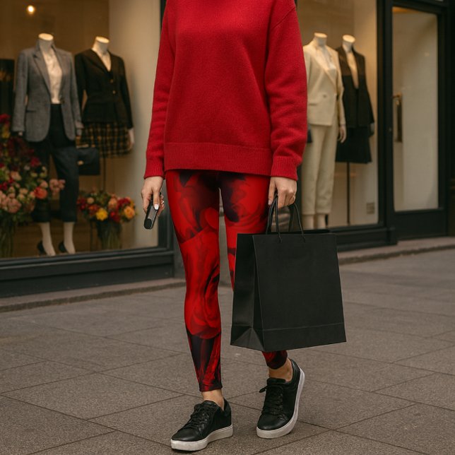 Leggings estampada com Rosa Vermelha e Impressão P (Bold red rose leggings meet luxe red cashmere city chic with keys in hand and style in stride.)