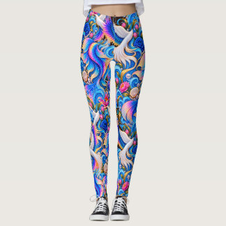 Leggings Femininas Arte Floral Grou Japonês