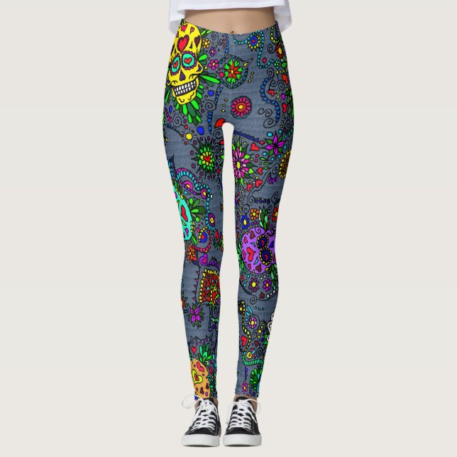 Leggings femininas com visual de jeans Sugar Skull (Frente)