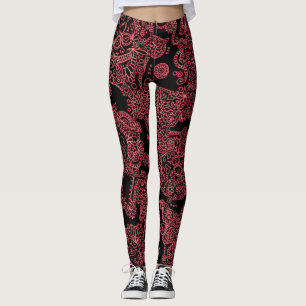 Leggings femininas de crânio preto e vermelho