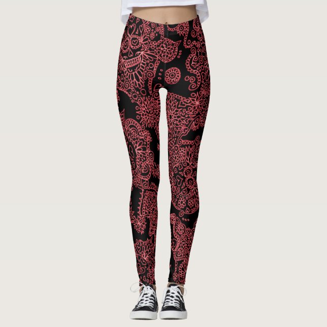 Leggings femininas de crânio preto e vermelho (Frente)