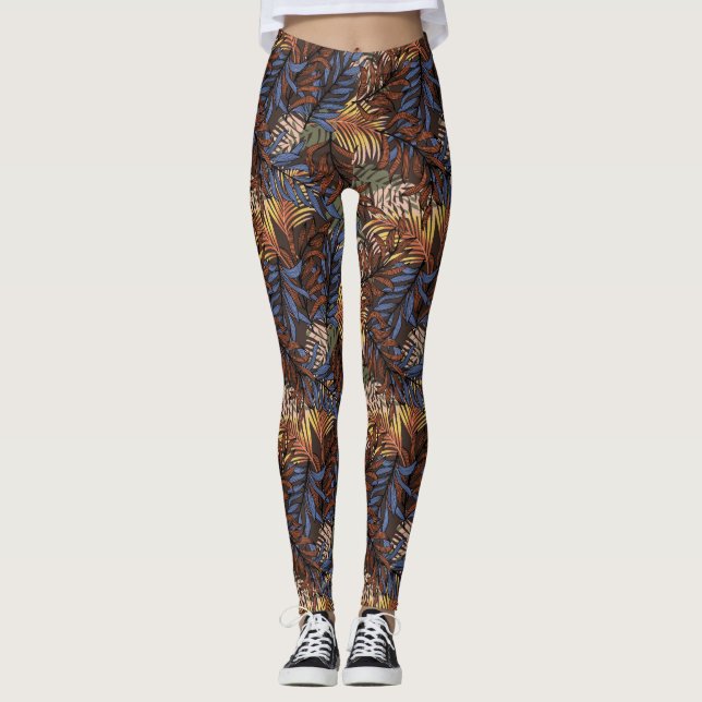 Leggings femininas de folhas tropicais castanhas/a (Frente)