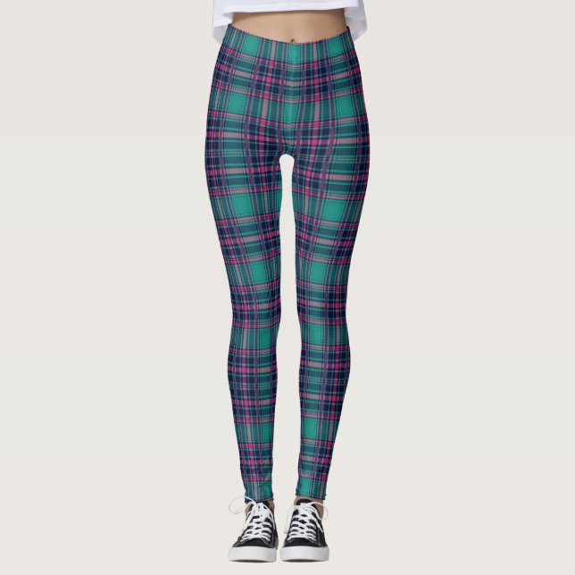 Leggings femininas de Xadrez rosa/aqua (Frente)