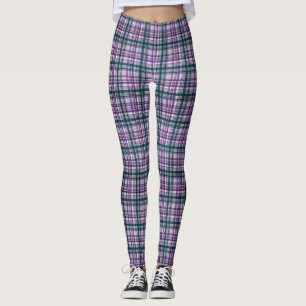 Leggings femininas de Xadrez roxa/verde