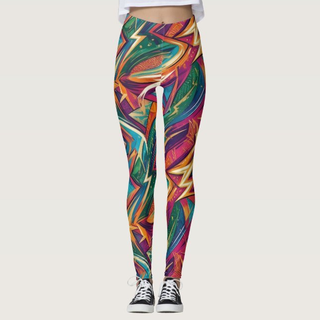 Leggings Femininas Geométricas Abstratas Vibrantes (Frente)