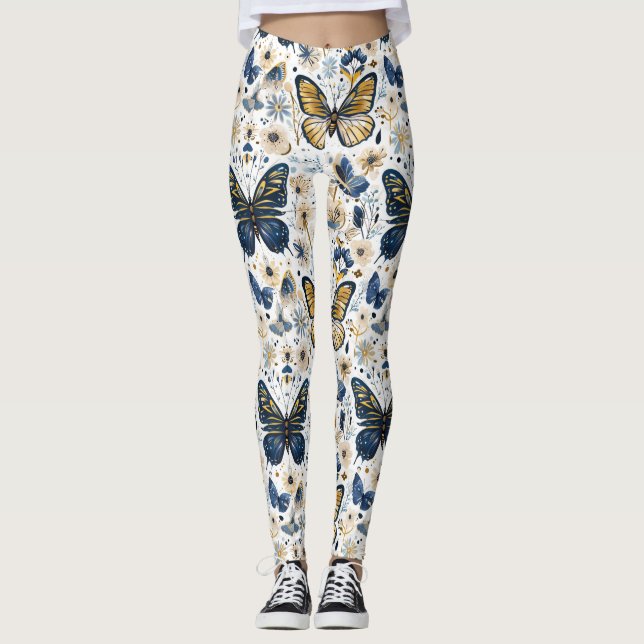Leggings femininos florais borboleta azul e dourad (Frente)