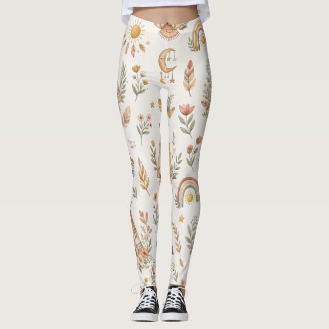 Leggings Florais Boho Aquarela Arco-íris Pastel (Frente)