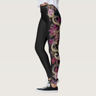 Leggings Florais Cobra do Estilo de Tatuagem Japon