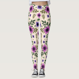 Leggings florais com flores roxas e rosas