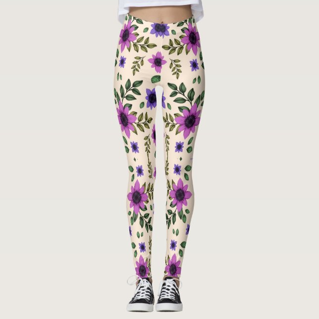 Leggings florais com flores roxas e rosas (Frente)