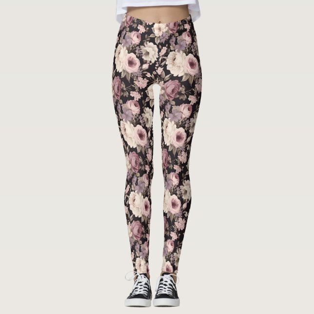 Leggings florais, cor-de-rosa-preto e bege (Frente)