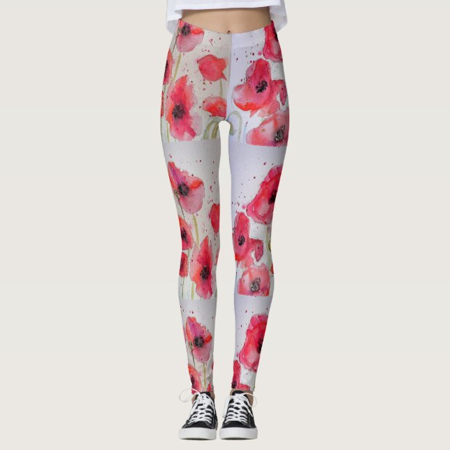 Leggings Florais De Aquarelas De Papoila Vermelha (Frente)