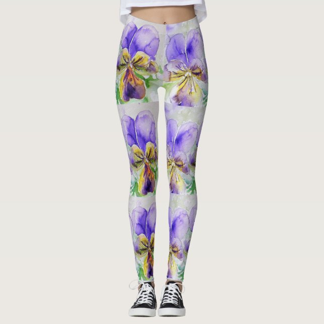 Leggings Florais De Aquarelas De Viola Roxa (Frente)