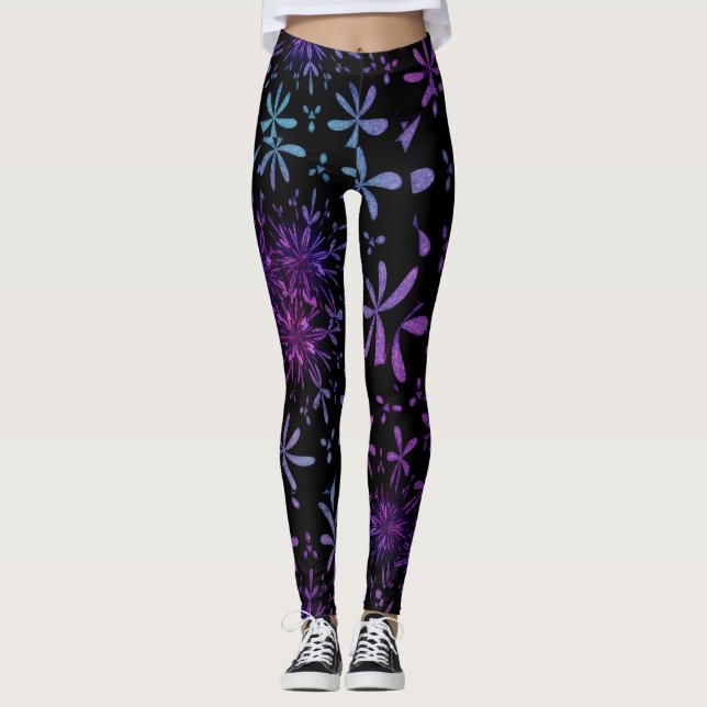 Leggings Florais De Batik, Turquesa Roxo Retro (Frente)