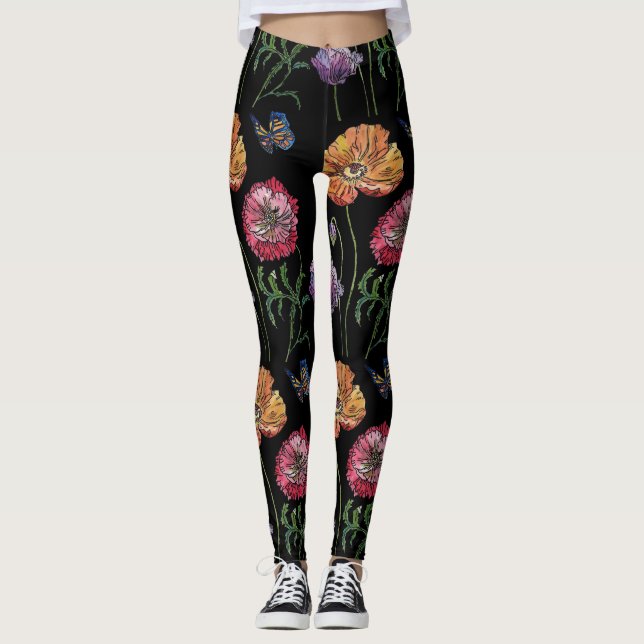 Leggings Florais De Cor Floral Preta-Laranja (Frente)