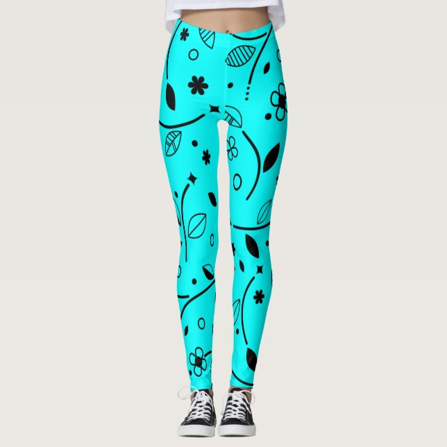 Leggings Florais de Linha Preta e Turquesa Retro (Frente)