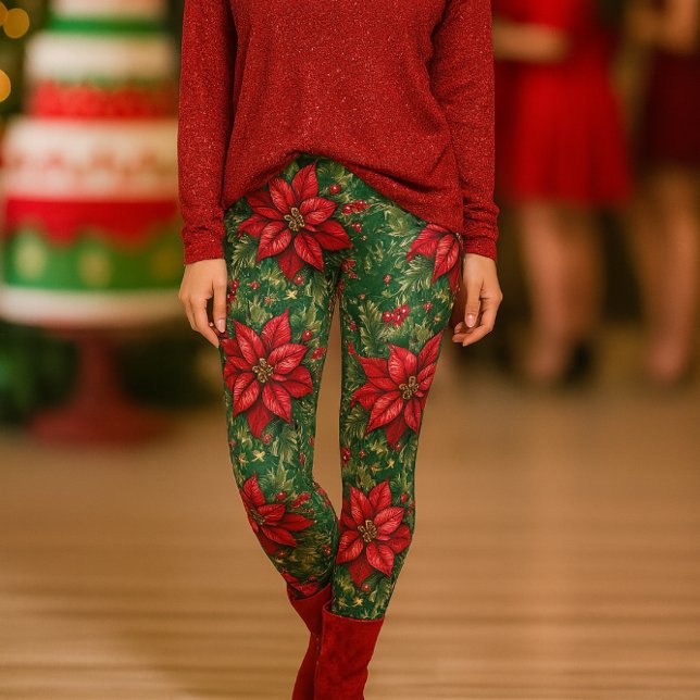 Leggings Florais de Natal Verde Vermelho Poinsetti (Holiday sparkle meets floral flair styled for joy, comfort, and festive gatherings.)