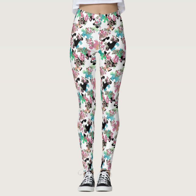 Leggings Florais de Quebra-cabeça com Aquarela, de (Frente)