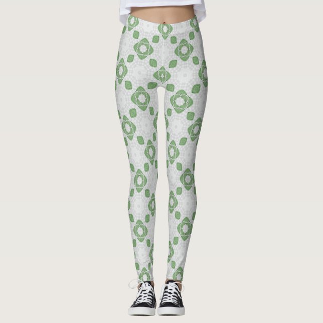 Leggings Florais Geométricas em Verde Sage Suave (Frente)