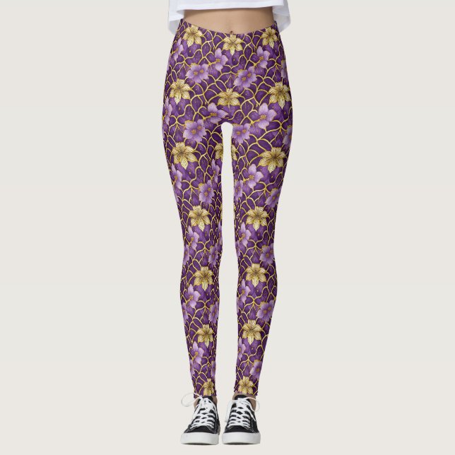 Leggings Florais Japoneses Roxo Dourado (Frente)
