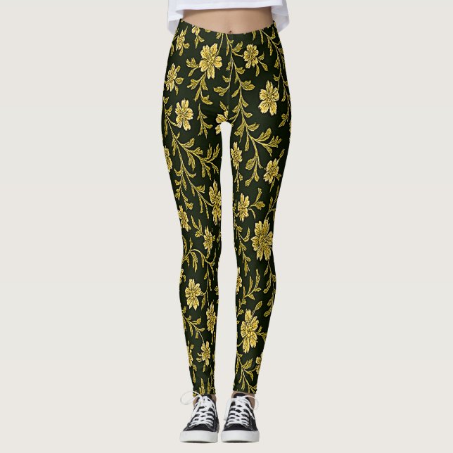 Leggings Florais Pretas e Douradas (Frente)