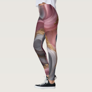 Leggings Fluidas Abstratas Rosa e Cinza com Dourad