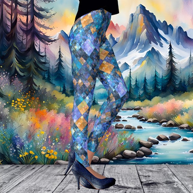 Leggings Geométricas de Padrões do Mosaico Verific (Leggings featuring a modern patterned mosaic design in blue purple with some other colors)
