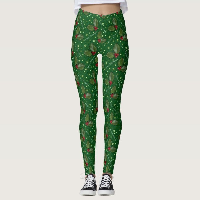 Leggings Holly de Natal Verde Festivo (Frente)