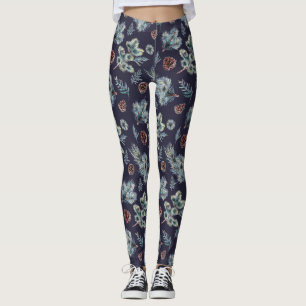 Leggings ilustradas por árvore marinho azul e pin