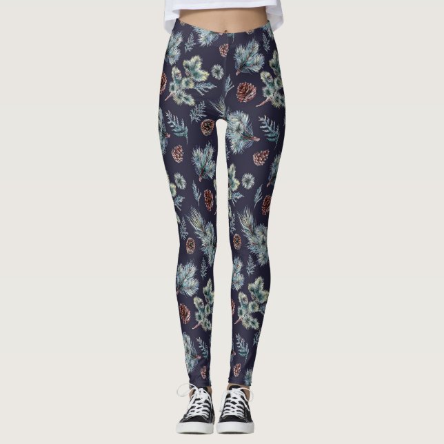 Leggings ilustradas por árvore marinho azul e pinh (Frente)