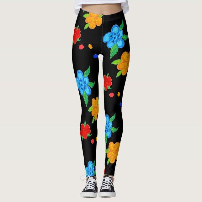Leggings Impressão de Arte Floral Negra (Frente)