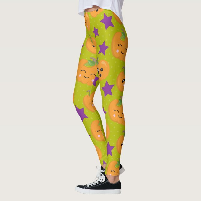 Leggings Kawaii Abóbora & Estrelas Roxas (Esquerda)