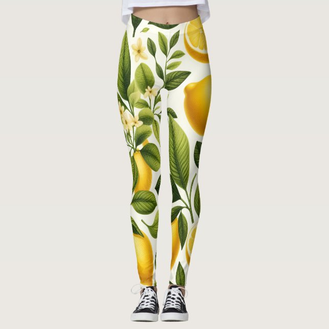 Leggings - Limões, Folhas Verdes, Flores (Frente)
