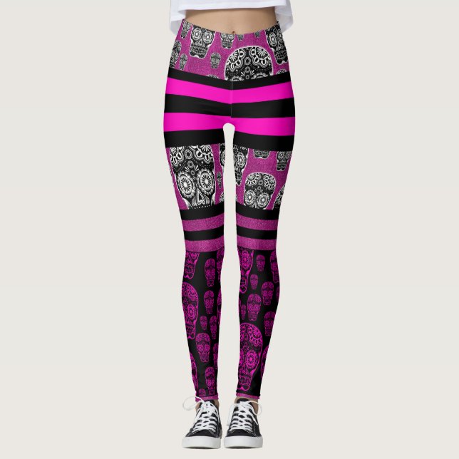 Leggings Listradas de Caveira Açúcar Rosa (Frente)