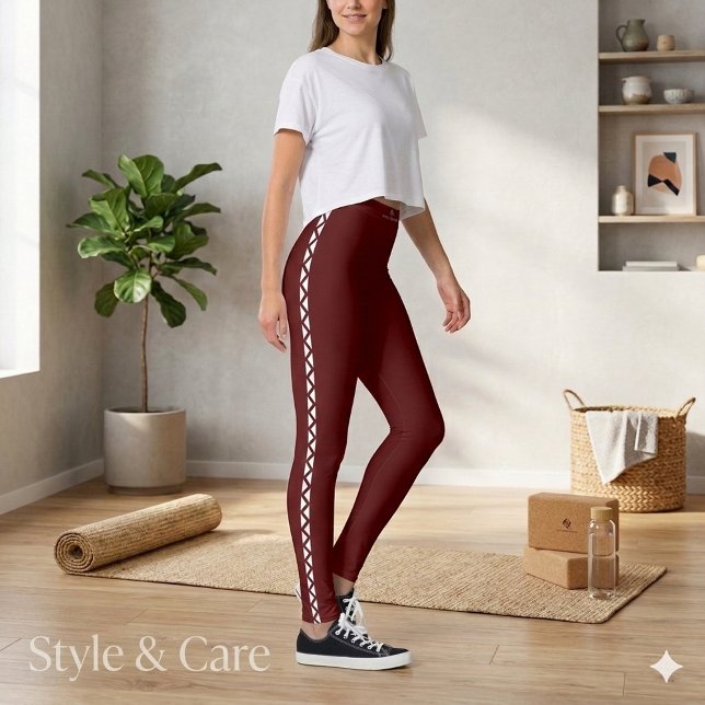 Leggings Marrom Elegantes com Faixa Lateral Branca (Stylish Maroon Leggings with White Side Stripe)