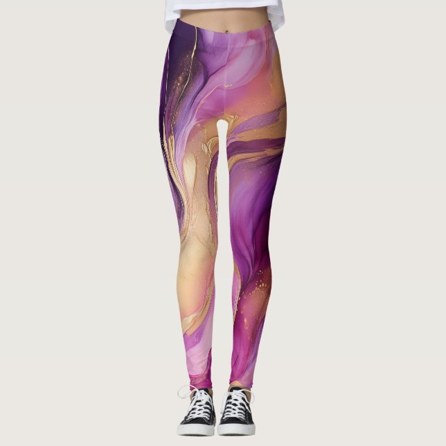 Leggings Modernas Abstratas Rosa Roxo e Dourado (Frente)