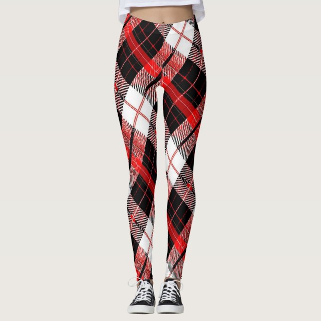 Leggings Modernas Xadrez Vermelho, Preto e Branco (Frente)