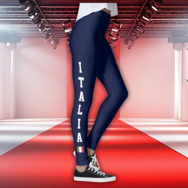 Leggings Navy com Itália Vertical e Bandeira da It (Navy Leggings with white vertical athletic ITALIA and Italian flag icon on both legs)