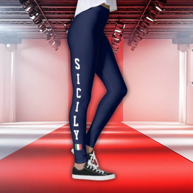 Leggings Navy com Sicília Vertical e Bandeira Ital (Navy Leggings with white athletic SICILY and Italian Flag icon)